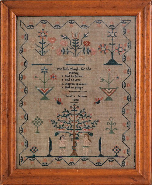 Silk on linen sampler with Adam & Eve, wrought by: Silk on linen sampler with Adam & Eve, wrought by Sarah Brown, 1822, 13'' x 10'' (holes).