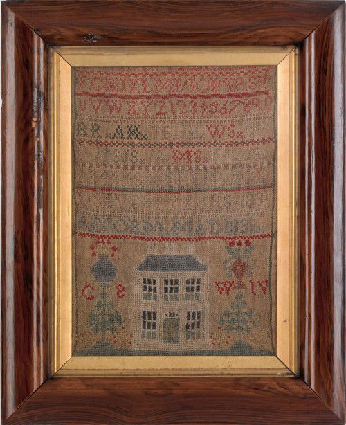 Wool on linen sampler, dated 1810, 17'' x 10'', t: Wool on linen sampler, dated 1810, 17'' x 10'', together with another sampler with a Georgian home, dated 1831, 15 1/2'' x 9''.