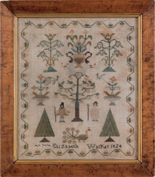 Silk on linen sampler with a pilgrim couple, wrou: Silk on linen sampler with a pilgrim couple, wrought by Elizabeth Walker, 1824, 12 1/2'' x 10 1/2''.