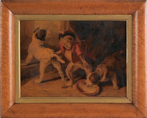 English chromolithograph, 19th c., in a vibrant b: English chromolithograph, 19th c., in a vibrant bird's-eye maple frame, 12'' x 16''.