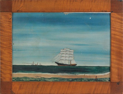 American oil on board shore scene, 19th c., with : American oil on board shore scene, 19th c., with sailing ship in the distance, 12'' x 17''.