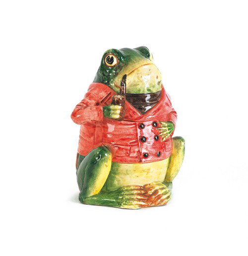 Majolica frog humidor, 19th c., 7 1/4'' h.: Majolica frog humidor, 19th c., 7 1/4'' h.
