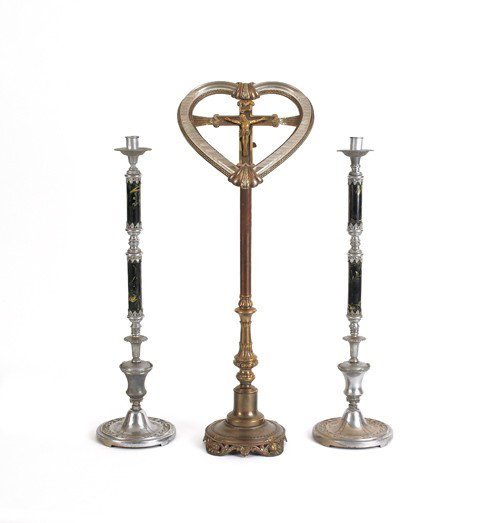 Pair of religious candlesticks, 36'' h. and altar : Pair of religious candlesticks, 36'' h. and altar piece, early 20th c.,