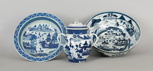 Two Canton punch bowls, together with a covered p: Two Canton punch bowls, together with a covered pot, 20th c., largest bowl - 7'' h., 17 3/4'' dia.