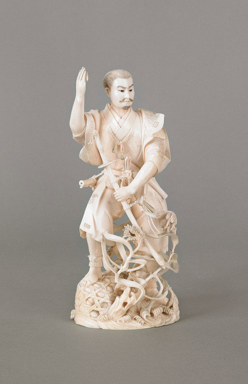 Japanese Meiji period carved elephant tusk ivory: Japanese Meiji period carved elephant tusk ivory figure of a samurai, 8 1/2'' h. Provenance: Pennsylvania educational institution.