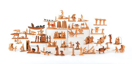 Large collection of Chinese wood carvings, early/: Large collection of Chinese wood carvings, early/mid 20th c., depicting figures engaged in various trades and activities. Provenance: Pennsylvania educational institution.