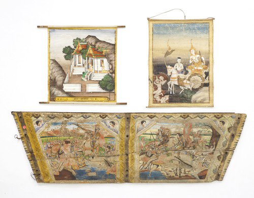 Two southeast Asian painted scrolls, together wit: Two southeast Asian painted scrolls, together with two embroidered altar panels, painted wood panel, folding scroll, and two painted hide figures. Provenance: Pennsylvania educational institution.