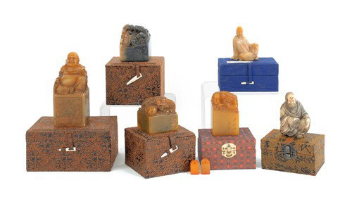 Collection of Chinese carved soapstone figures an: Collection of Chinese carved soapstone figures and stamps.