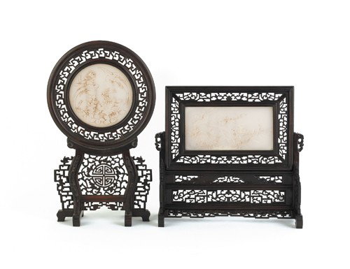 Two Chinese table screens, 12 1/2'' h., 12 3/4'' : Two Chinese table screens, 12 1/2'' h., 12 3/4'' w. and 16 1/2'' h., 9 3/4'' w.