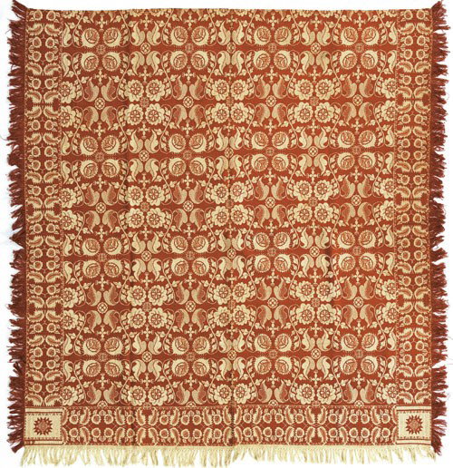 Red and white jacquard coverlet, ca. 1840, with: Red and white jacquard coverlet, ca. 1840, with floral pattern. Provenance: Richard Flanders Smith.
