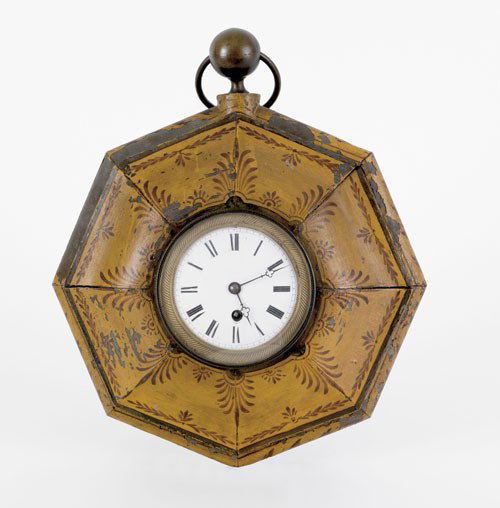 French tole peinte gallery clock, 19th c., the: French tole peinte gallery clock, 19th c., the works signed Wurtel, 16'' h., 13'' w.