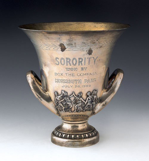 Cartier sterling silver horse racing trophy, in: Cartier sterling silver horse racing trophy, inscribed Sorority won by Box the Compass Monmouth Park July 26, 1969, 10'' h., 47.1 ozt.
