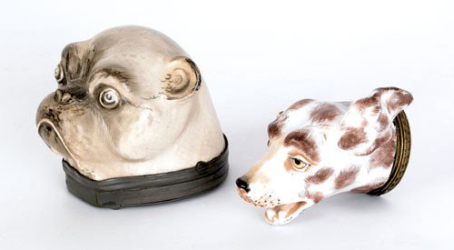Two hound-head snuff boxes, 19th c., with brass: Two hound-head snuff boxes, 19th c., with brass and pewter lids, 3'' h.