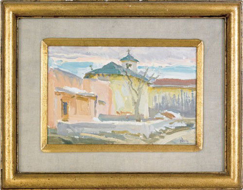 Mark Daily (American 1944-), oil on board title: Mark Daily (American 1944-), oil on board titled Church on La Loma, signed lower right, also signed and dated 1977 verso, 6 1/2'' x 9 1/2''.