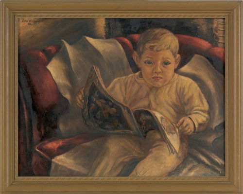 Edward Loper (American, 1916-), oil on canvas p: Edward Loper (American, 1916-), oil on canvas portrait of a young boy reading a fairy tale book, signed U.L and dated '46, 20'' x 26''.