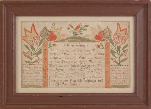 Bernhard Mission (Southeastern, Pennsylvania, ac: Bernhard Mission (Southeastern, Pennsylvania, active 1808-1824), Lehigh County ink and watercolor fraktur birth certificate for Wiliam Fadzinger, b. 1824, 8'' x 13''.