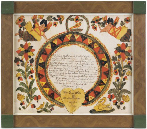 Blousy Angel Artist, Southeastern Pennsylvania, : Blousy Angel Artist, Southeastern Pennsylvania, active 1780-1811), Northampton County, Pennsylvania ink and watercolor fraktur birth certificate for Johannes Grimm, 1794, with typical circular panel w
