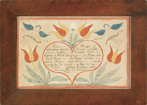 Bucks County, Pennsylvania ink and watercolor fr: Bucks County, Pennsylvania ink and watercolor fraktur birth certificate for Rubin Kruger, b. 1825, with a central heart surrounded by angels and tulips, 8'' x 12 1/2''. Provenance: Olde Hope Antiques.