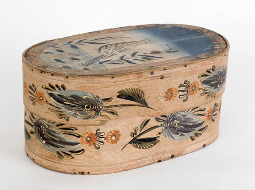 Bentwood oval bride's box, early 19th c., with : Bentwood oval bride's box, early 19th c., with a turtledove flanked by flowers, 7'' h., 15 1/2'' w.
