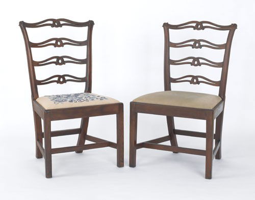 Pair of Philadelphia Chippendale mahogany ribbon: Pair of Philadelphia Chippendale mahogany ribbonback dining chairs, ca. 1780, with foliate carved ears.