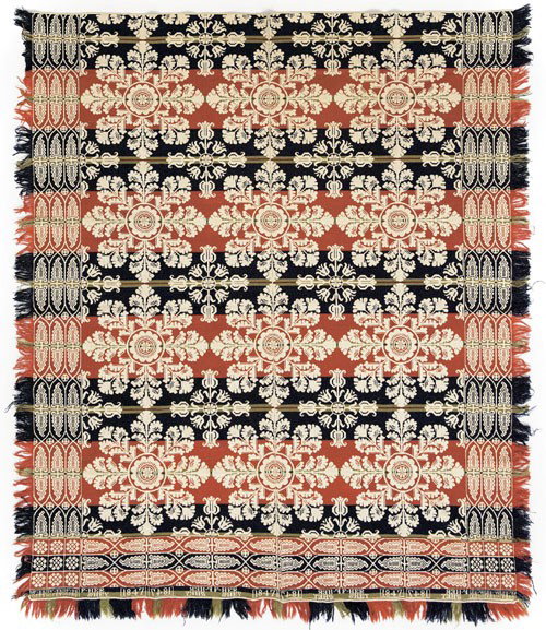 W. Brosey, 1847 jacquard coverlet for F. Hersh: W. Brosey, 1847 jacquard coverlet for F. Hershey, 84'' x 96''.