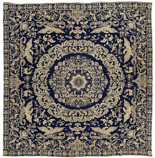 American blue and white jacquard coverlet dated: American blue and white jacquard coverlet dated 1851 with eagle and stag motif.
