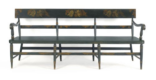 Pennsylvania painted settee, ca. 1835, retainin: Pennsylvania painted settee, ca. 1835, retaining a fruit decoration on a green ground, 35'' h., 78 1/2'' w.