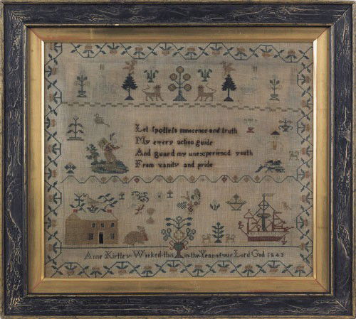 Silk on linen sampler dated 1843. wrought by An: Silk on linen sampler dated 1843. wrought by Anne Kirtley, 15 1/4'' x 17 1/2''.
