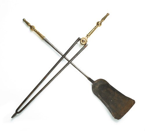 Federal brass and iron fire tongs and shovel, ca: Federal brass and iron fire tongs and shovel, ca. 1815, 35 1/4'' l.