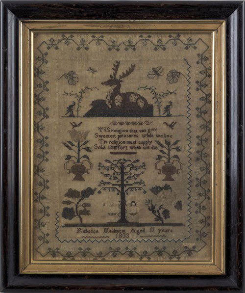 Silk on linen Adam & Eve sampler dated 1833, wr: Silk on linen Adam & Eve sampler dated 1833, wrought by Rebecca Maidmen, 15 3/4'' x 12''.