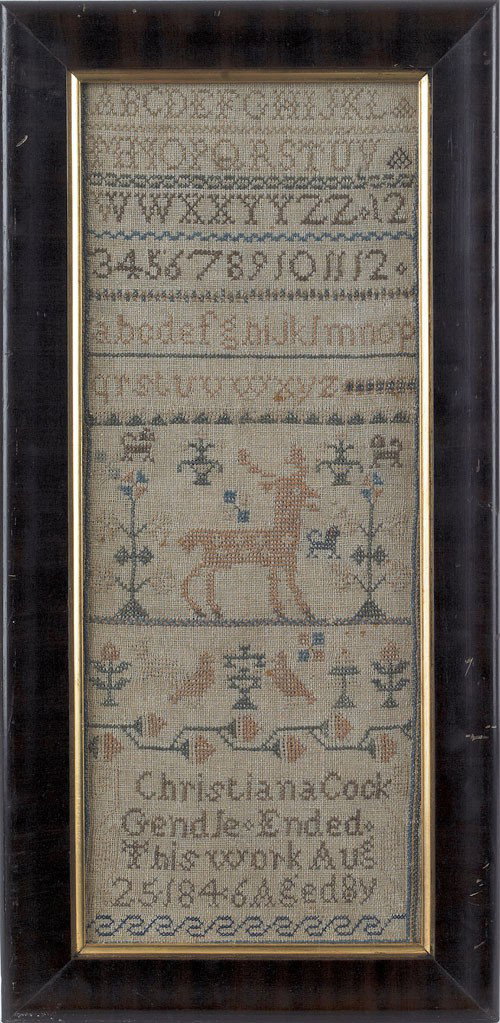 Silk on linen sampler, dated 1846, wrought by: Silk on linen sampler, dated 1846, wrought by Christiana Gendle, 20'' x 7 3/4''.
