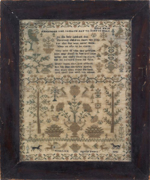 Silk on linen sampler, dated 1845, wrought by: Silk on linen sampler, dated 1845, wrought by Eliza Lord, 16'' x 12 1/2''.