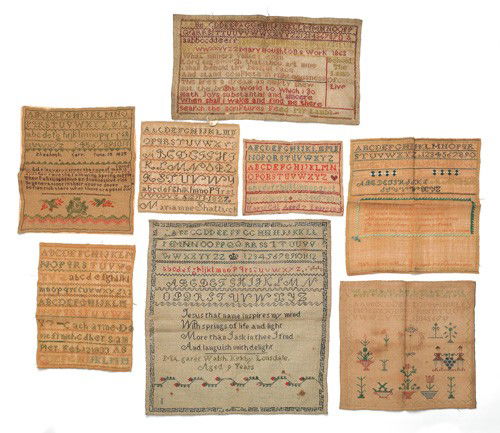 Collection of eight unframed silk on linen sampl: Collection of eight unframed silk on linen samplers, 19th c.