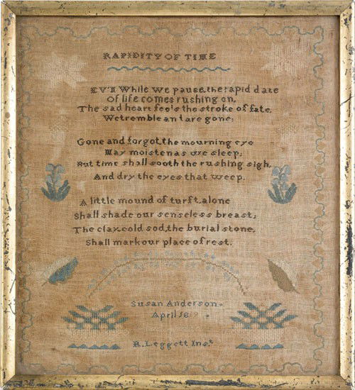 American silk on linen sampler, dated 1819, w: American silk on linen sampler, dated 1819, wrought by Susan Anderson, instructress R. Leggett, 10 1/2'' x 9 1/2''.