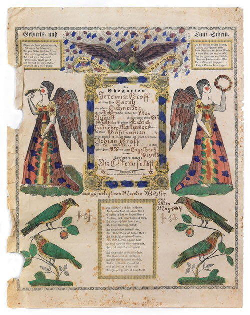 Four printed and hand colored fraktur, to inclu: Four printed and hand colored fraktur, to include Stages of Life example and Harrisburg, Reading, and Allentown birth certificates.