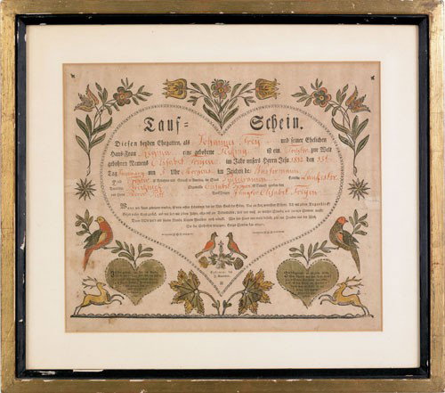 Lancaster, Pennsylvania printed and hand colored: Lancaster, Pennsylvania printed and hand colored fraktur by J. Baumann, Ephrata, 13'' x 15 1/4'', together with another fraktur dated 1787, 13'' x 15 3/4''.