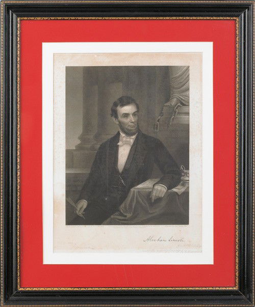 John Sartain engraving of Abraham Lincoln, after: John Sartain engraving of Abraham Lincoln, after the painting by E.D. Marchant, published 1864, signed by Sartain and Marchant with presentation to George Childs Esq., 12 3/4'' x 10''.