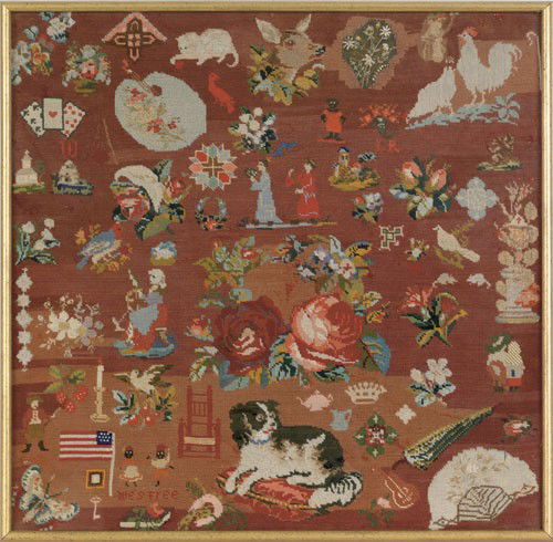 American wool needlework, mid 19th c., decorate: American wool needlework, mid 19th c., decorated with numerous vignettes to include dancing black people with the words We's free, painter's palette, mandarin couple, etc., 21'' x 21 1/2''.