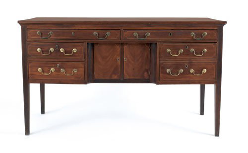 New England Hepplewhite mahogany sideboard, ca. : New England Hepplewhite mahogany sideboard, ca. 1800, with overall line inlay, 37 1/2'' h., 65'' w.