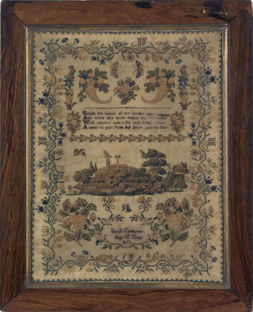 Silk on linen sampler, dated 1852, wrought by: Silk on linen sampler, dated 1852, wrought by Sarah Corderoy, 16 1/2'' x 12 1/2''.