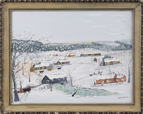 Forrest King Moses (American, 1893-1974), oil o: Forrest King Moses (American, 1893-1974), oil on masonite naive winter landscape, titled Snow Abounds, signed lower right, 18'' x 23 1/4''.