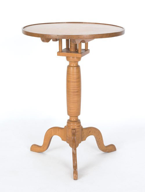 Tiger maple candlestand, late 19th c., 29 1/4'' : Tiger maple candlestand, late 19th c., 29 1/4'' h., 21 1/4'' w.