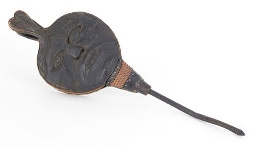 Carved oak bellows, 19th c., with a man's face: Carved oak bellows, 19th c., with a man's face and wrought iron snake nozzle, 25 1/2'' l.