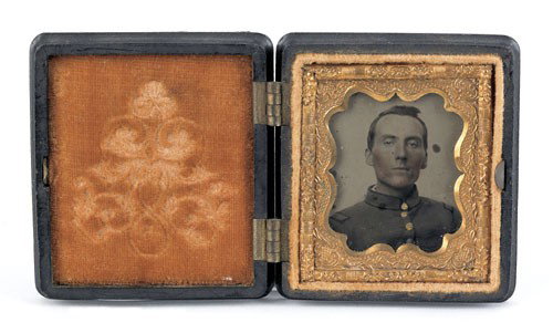 Two Confederate soldier tin types, one identifi: Two Confederate soldier tin types, one identified as Corporal Joseph W. Latham, Co. F. 1st Maryland cavalry, the other identified as Lt. Thompson, 28th, N.C. infantry, in a gutta percha union case, 3 