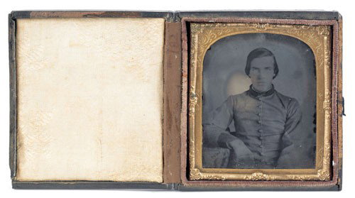 Confederate soldier ambrotype, identified Pvt.: Confederate soldier ambrotype, identified Pvt. Jeremiah Hicks, Co. C, 24th Virginia Infantry who was wounded on July 3rd in Gettysburg and died of that wound in Harrisburg, PA, 3 1/4'' x 2 3/4''.
