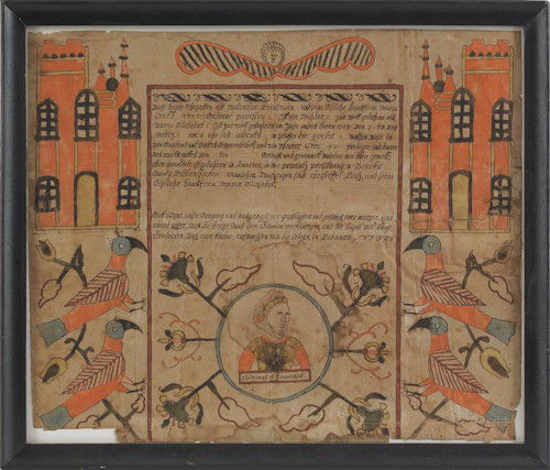 Christian Mertel (Southeastern Pennsylvania, 173: Christian Mertel (Southeastern Pennsylvania, 1739-1802), Tulpehocken Township, Berks County ink and watercolor on laid paper fraktur birth certificate for Maria Elisabeth Troutman, b. 1789, 12 1/2'' x