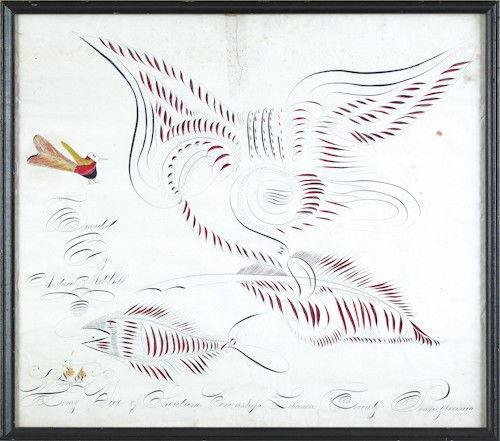 Andrew McGill (Southeastern Pennsylvania, ca. 18: Andrew McGill (Southeastern Pennsylvania, ca. 1850-1870), watercolor and ink on wove paper calligraphy drawing, inscribed For Henry Sice of Swatara Township, Lebanon County, Pennsylvania, with birds a