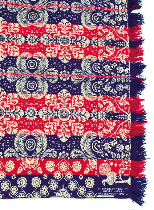 Pennsylvania blue, red, and white jacquard cover: Pennsylvania blue, red, and white jacquard coverlet, inscribed Manufactured by Henry Oberly, Womelsdorf, Penn., 97'' x 79''.