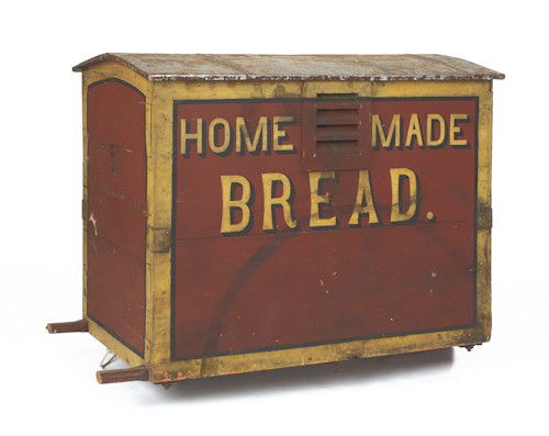 Painted pine Homemade Bread cart, 19th c., 35: Painted pine Homemade Bread cart, 19th c., 35'' h., 46'' w.