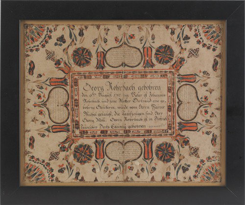 Henrich Weiss (Southeastern Pennsylvania, active: Henrich Weiss (Southeastern Pennsylvania, active 1776-1808), watercolor and ink on laid paper fraktur for Georg Rohrbach, Berks County dated 1782, with intricate tulip vines and stylized flowers, 13''